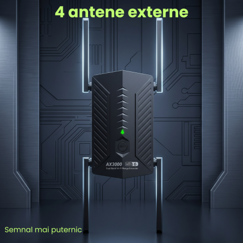 WiFi Repeater HASEPE® 3000Mbps WiFi Extender Dual Band 2.4GHz 5GHz, Amplificator WiFi Cu 4 Antene, WiFi Repeater Cu Port LAN Gigabit, WiFi Extender Mesh WPS, Amplificator WiFi Pentru Casa, Repeater Se [3]