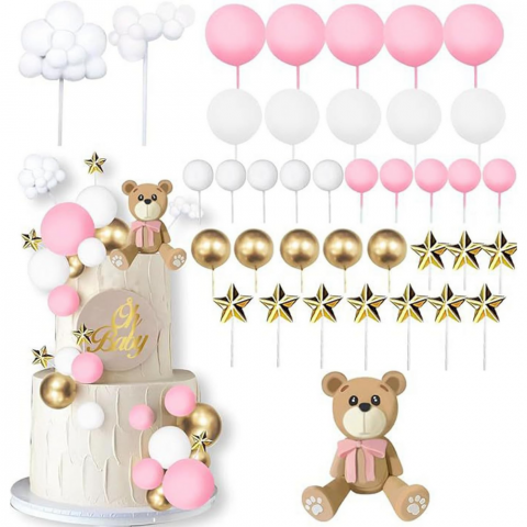 Set 38 Decoratiuni Topper Tort Ursulet Roz HASEPE, pentru Botez, Baby Shower si Aniversari, Reutilizabile, Spuma si Plastic [0]