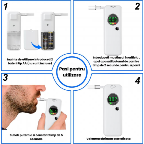 Etilotest Profesional Portabil HASEPE, Alcool Tester Digital cu Senzor Semiconductor, Afisaj LCD, Alerta LED+Audio, 7 Mustiucuri Incluse, Rezultate Rapide, Alb [3]