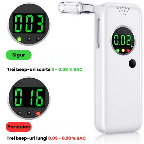 Etilotest Profesional Portabil HASEPE, Alcool Tester Digital cu Senzor Semiconductor, Afisaj LCD, Alerta LED+Audio, 7 Mustiucuri Incluse, Rezultate Rapide, Alb [4]