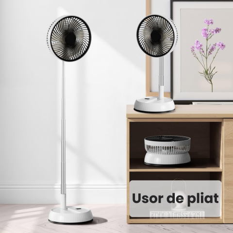 Ventilator portabil telescopic HASEPE, pliabil cu telecomanda, 3 viteze, reglabil pe inaltime 35-85 cm, rotire automata 90°, cap inclinabil 180°, USB, diametru 20 cm, alb [2]