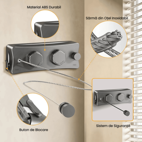 Uscator rufe retractabil HASEPE, montaj pe perete, sarme otel inoxidabil 5,1 m, capacitate 20 kg, rezistent interior exterior, compact pliabil, Gri [3]