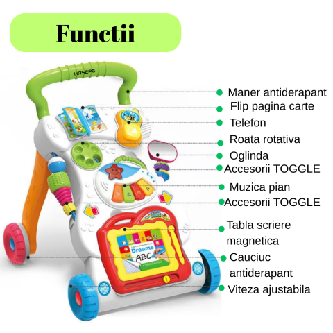 Antemergator copii 7 in 1 HASEPE, centru activitatI distractive, pian, telefon, oglinda, melodii, lumini, roti anti alunecare, viteza ajustabila, structura stabila, alb [4]