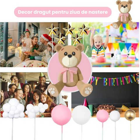 Set 38 Decoratiuni Topper Tort Ursulet Roz HASEPE, pentru Botez, Baby Shower si Aniversari, Reutilizabile, Spuma si Plastic [4]