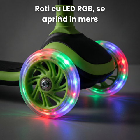 Trotineta Copii HASEPE Cu 3 Roti, Trotineta Cu Led In Roti, Inaltime 80 Cm, Ghidon Stabil, Design Pentru Echilibru, Trotineta Pentru Copii Usor De Folosit, Culoare Verde, Trotineta Copii Pentru Joaca [2]