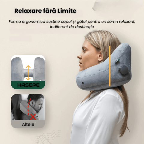 Perna Gonflabila de Calatorie HASEPE, cu Gluga Detasabila, Design Ergonomic pentru Gat, Material Catifelat, Sac de Transport Inclus, Ideala pentru Avion, Masina, Birou, Gri [1]