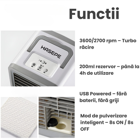 Racitor Ventilator aer portabil HASEPE, Ventilator pulverizare cu Apa, Mini aer USB, Silentios cu 2 viteze 3600 rpm/2700 rpm, Rezervor 200ml, Lumina LED, Buton ON/OFF, Climatizare Personala pentru Bir [8]