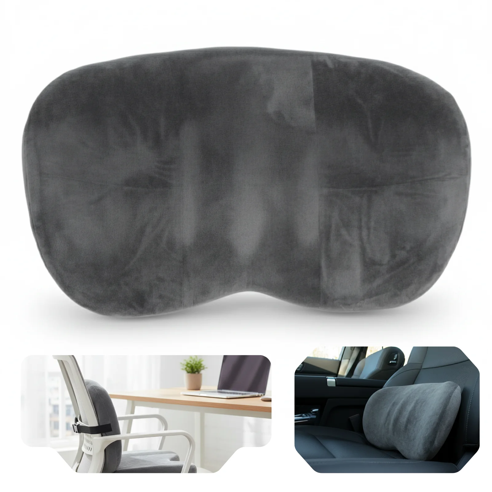 Ingrijire personala & Cosmetice - Perna Lombara HASEPE, Ergonomica Din Spuma Cu Memorie, Perna Suport Lombar Pentru Birou Si Auto, Suport Lombar Cu Husa Catifelata Gri, Curele Elastice Cu Clips, Perna Lombara 40x27x6 Cm Pentru Scaun