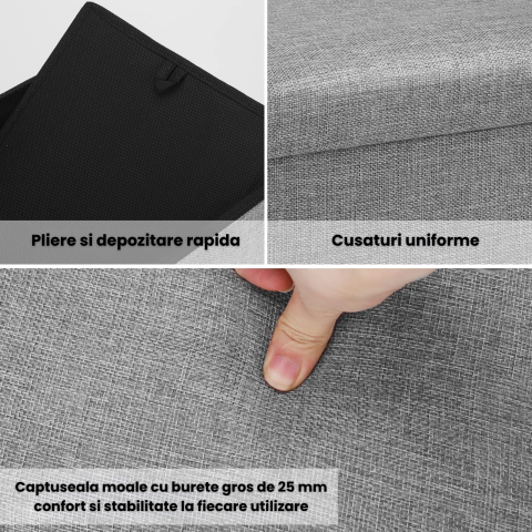 Taburet pliabil cu spatiu de depozitare HASEPE, MDF rezistent, tip otoman, pentru living sau dormitor, gri deschis, 45x30x30 cm [2]
