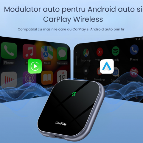Modulator Auto CarPlay si Android Auto Wireless 2 in 1 HASEPE, Plug & Play, Compatibil iOS 10+ si Android 11+, WiFi 2.4/5Ghz, Procesor AI, Conectare Automata, Upgrade Masini cu CarPlay/Android Auto [1]