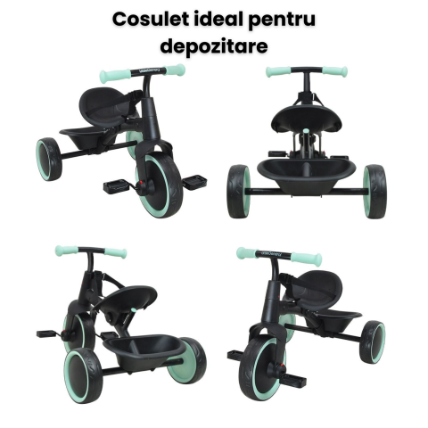 Tricicleta 2 in 1 HASEPE, cadru metalic si maner de control detasabil, roti mari, centura de siguranta in 3 puncte, cosulet pentru depozitare [4]