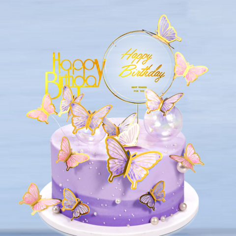 Decoratiuni Tort Happy Birthday Home Sweet Paradise, Set 22 Piese Fluturasi Acrilic si Hartie, Reutilizabile, pentru Aniversari, Baby Shower, Multicolor [3]