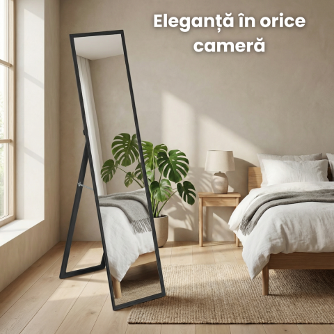 Oglinda de Podea HASEPE cu Rama Neagra din Lemn, Oglinda Decorativa pentru Hol si Dormitor, Oglinda de Podea cu Suport Stabil din Lemn, Design Modern Minimalist, Oglinda Decorativa pentru Interior, Di [1]