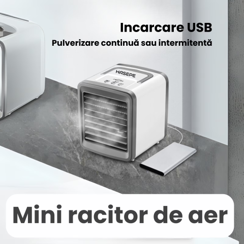 Racitor Ventilator aer portabil HASEPE, Ventilator pulverizare cu Apa, Mini aer USB, Silentios cu 2 viteze 3600 rpm/2700 rpm, Rezervor 200ml, Lumina LED, Buton ON/OFF, Climatizare Personala pentru Bir [2]