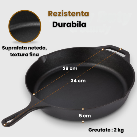Tigaie rotunda din fonta HASEPE, compatibila cu inductie, cu manere duble si margini de scurgere, incalzire uniforma, durabila si usor de curatat, 26 x 5 cm [3]