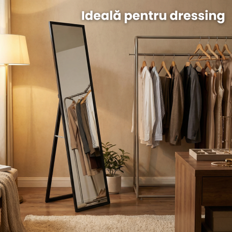 Oglinda de Podea HASEPE cu Rama Neagra din Lemn, Oglinda Decorativa pentru Hol si Dormitor, Oglinda de Podea cu Suport Stabil din Lemn, Design Modern Minimalist, Oglinda Decorativa pentru Interior, Di [7]