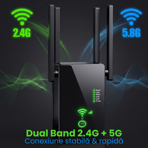 Amplificator Semnal HASEPE® Wireless WiFi 1200M Dual Band, Range Extender Amplificator Semnal Cu 4 Antene, Repeater Router Si AP, Amplificator Semnal Retea 2.4GHz 5GHz, Port LAN, Securitate WPA2, Ampl [2]