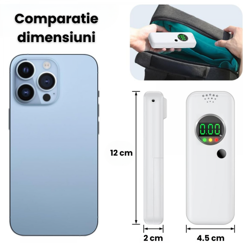Etilotest Profesional Portabil HASEPE, Alcool Tester Digital cu Senzor Semiconductor, Afisaj LCD, Alerta LED+Audio, 7 Mustiucuri Incluse, Rezultate Rapide, Alb [1]
