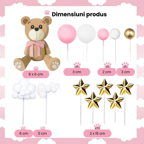 Set 38 Decoratiuni Topper Tort Ursulet Roz HASEPE, pentru Botez, Baby Shower si Aniversari, Reutilizabile, Spuma si Plastic [1]