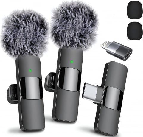 Microfoane - Set 2 Microfoane Lavaliera Wireless Profesionale HASEPE, Compatibile iPhone, Android, Laptop, Tableta, USB-C, Lightning, Reducere Zgomot, Portabile, 2.4 GHz, Live Streaming, Reincarcabile