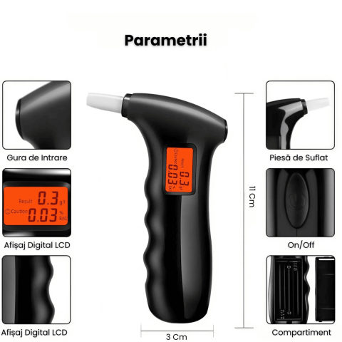 Etilotest Digital HASEPE, Alcool Tester Portabil cu LCD, 5 Mustiucuri, Calibrare Automata, Alarma Depasire Limita, Recunoastere Suflat Fals, Negru [4]
