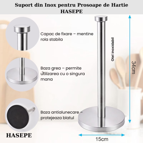 Suport pentru prosoape de hartie HASEPE, Organizator role, Cu baza STABILA, Capacitate buna de incarcare, Rezistent si durabil, Usor de instalat si utilizat, Pentru bucatarie, Baie, Birou, Inox, 33 X  [4]