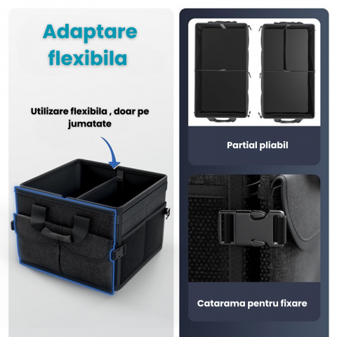 Organizator Portbagaj Auto 60L HASEPE, Pliabil, Multifunctional, Capac Detasabil, Curele Fixare si Baza Antialunecare, 3 Compartimente Mari + Buzunare Laterale, 51x32x37 cm, Negru Oxford [3]