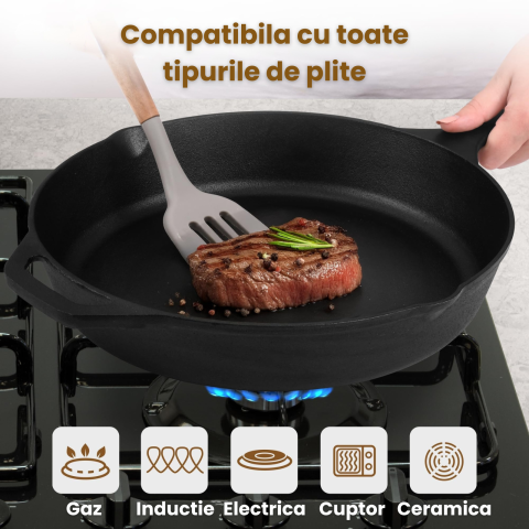 Tigaie rotunda din fonta HASEPE, compatibila cu inductie, cu manere duble si margini de scurgere, incalzire uniforma, durabila si usor de curatat, 26 x 5 cm [2]