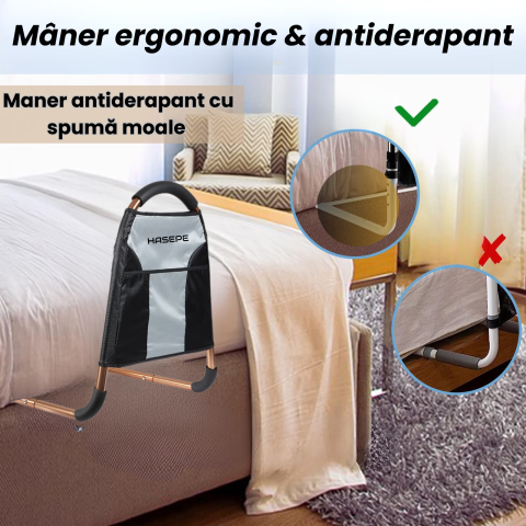 Maner de sprijin si balustrada pentru pat HASEPE, cu 3 bare de stabilizare si maner antiderapant, buzunar lateral, suport ridicare persoane varstnice, pacienti dupa operatie, femei insarcinate sau cu  [1]