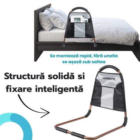 Maner de sprijin si balustrada pentru pat HASEPE, cu 3 bare de stabilizare si maner antiderapant, buzunar lateral, suport ridicare persoane varstnice, pacienti dupa operatie, femei insarcinate sau cu  [7]