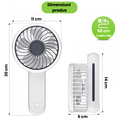 Ventilator portabil pliabil USB HASEPE, 3 viteze, rotire 180°, diametru 21 cm, autonomie 1,5–5 ore, compact si silentios, ideal pentru birou, plaja, calatorii, alb [1]