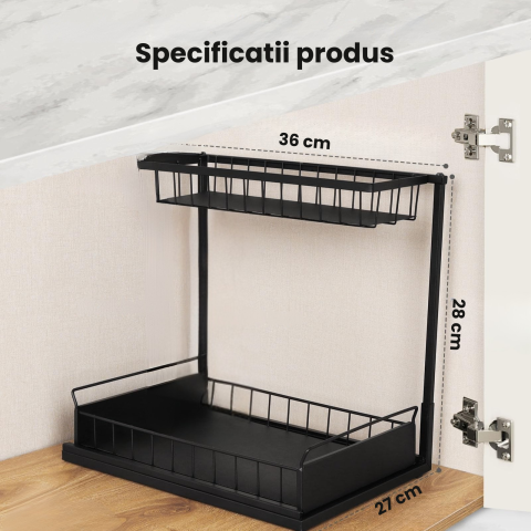 Organizator pentru dulap sub chiuveta HASEPE, 2 nivele, pentru bucatarie, baie, rafturi metalice, Negru [2]