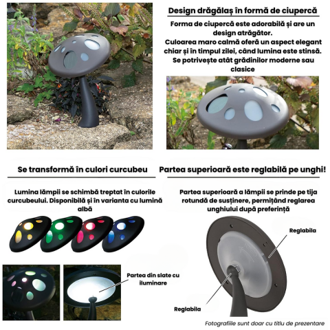 Lampa Solara LED Ciuperca Multicolora HASEPE, Fixare cu Tarus, Rotativa, Ecologica, Baterie Reincarcabila, 18x27cm [4]