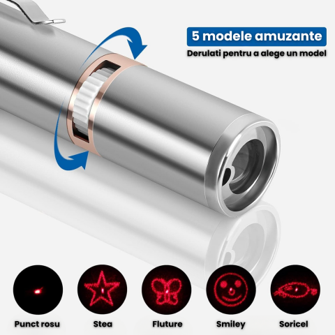 Jucarie Interactiva Pentru Pisici Si Caini HASEPE Laser Pointer Reincarcabil USB, Jucarie Interactiva Cu 7 Moduri Ajustabile, Jucarie Interactiva Cu Lanterna LED, Otel Inoxidabil, Argintiu, Pentru Joa [2]