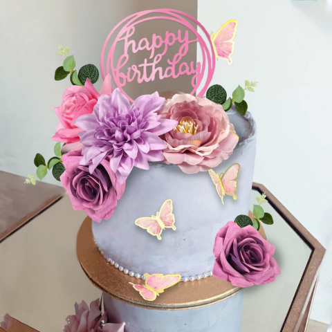 Set 20 Piese Topper Flori si Fluturi pentru Tort HASEPE, Happy Birthday, Nunta, Aniversari, Petreceri [6]