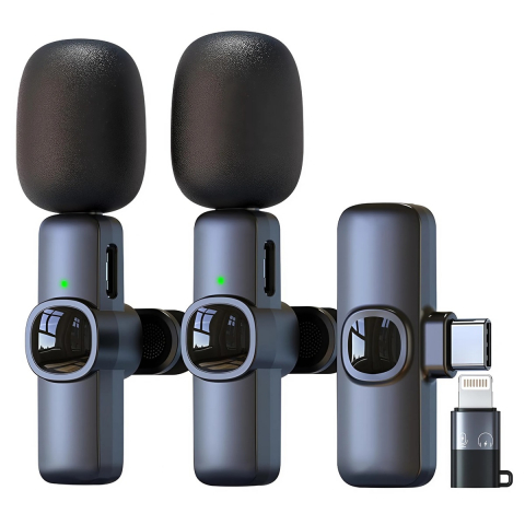 Microfoane - Set 2 Microfoane Lavaliera Wireless HASEPE, Plug & Play, Transmisie 2.4G, Autonomie 6H, Compatibile iPhone, Android, iPad, Sunet Clar pentru Vlog, Interviuri, YouTube, Live Streaming