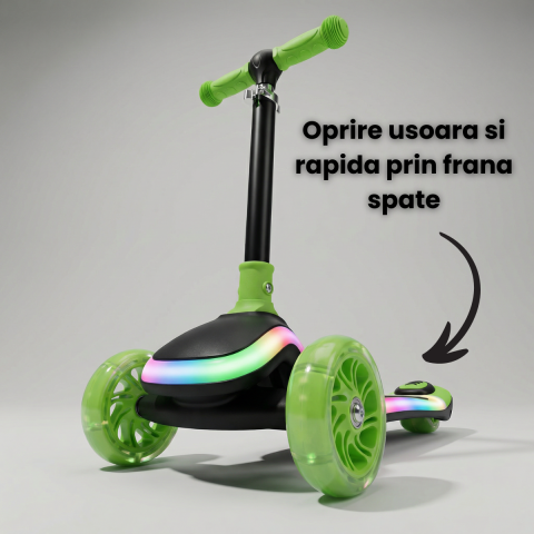 Trotineta Copii HASEPE Cu 3 Roti, Trotineta Cu Led In Roti, Inaltime 80 Cm, Ghidon Stabil, Design Pentru Echilibru, Trotineta Pentru Copii Usor De Folosit, Culoare Verde, Trotineta Copii Pentru Joaca [5]