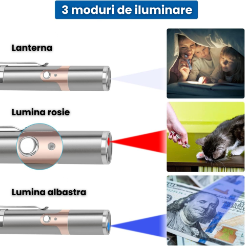 Jucarie Interactiva Pentru Pisici Si Caini HASEPE Laser Pointer Reincarcabil USB, Jucarie Interactiva Cu 7 Moduri Ajustabile, Jucarie Interactiva Cu Lanterna LED, Otel Inoxidabil, Argintiu, Pentru Joa [3]