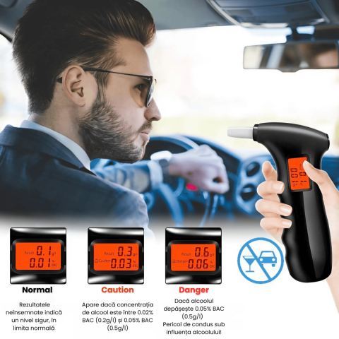 Etilotest Digital HASEPE, Alcool Tester Portabil cu LCD, 5 Mustiucuri, Calibrare Automata, Alarma Depasire Limita, Recunoastere Suflat Fals, Negru [3]
