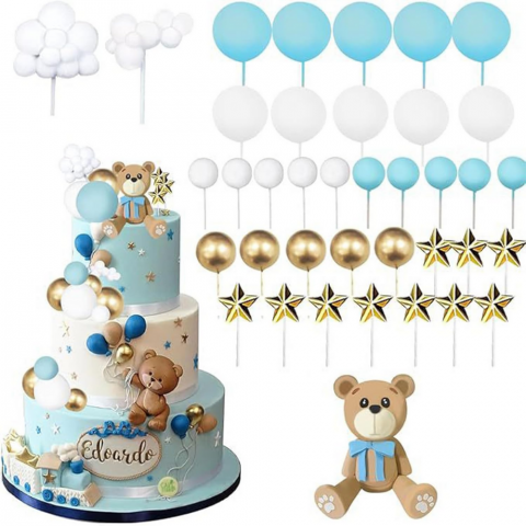 Accesorii pentru petrecere - Set 38 Decoratiuni Topper Tort Ursulet Albastru HASEPE, pentru Botez, Baby Shower si Aniversari, Reutilizabile, Spuma si Plastic
