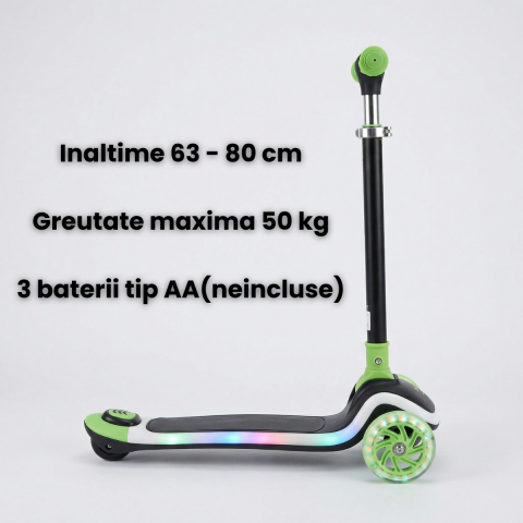 Trotineta Copii HASEPE Cu 3 Roti, Trotineta Cu Led In Roti, Inaltime 80 Cm, Ghidon Stabil, Design Pentru Echilibru, Trotineta Pentru Copii Usor De Folosit, Culoare Verde, Trotineta Copii Pentru Joaca [3]
