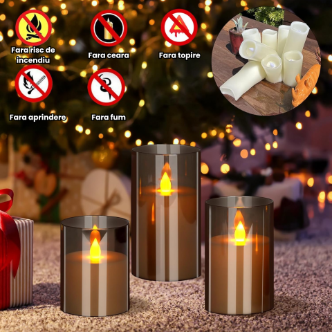 Set 3 Lumanari Led HASEPE Decorative Din Sticla Fumurie, Lumanari Decorative Cu Telecomanda Si Timer, Lumanare Electrica Cu Lumina Calda, Lumanari Led Pentru Decor Casa Evenimente Sarbatori [1]