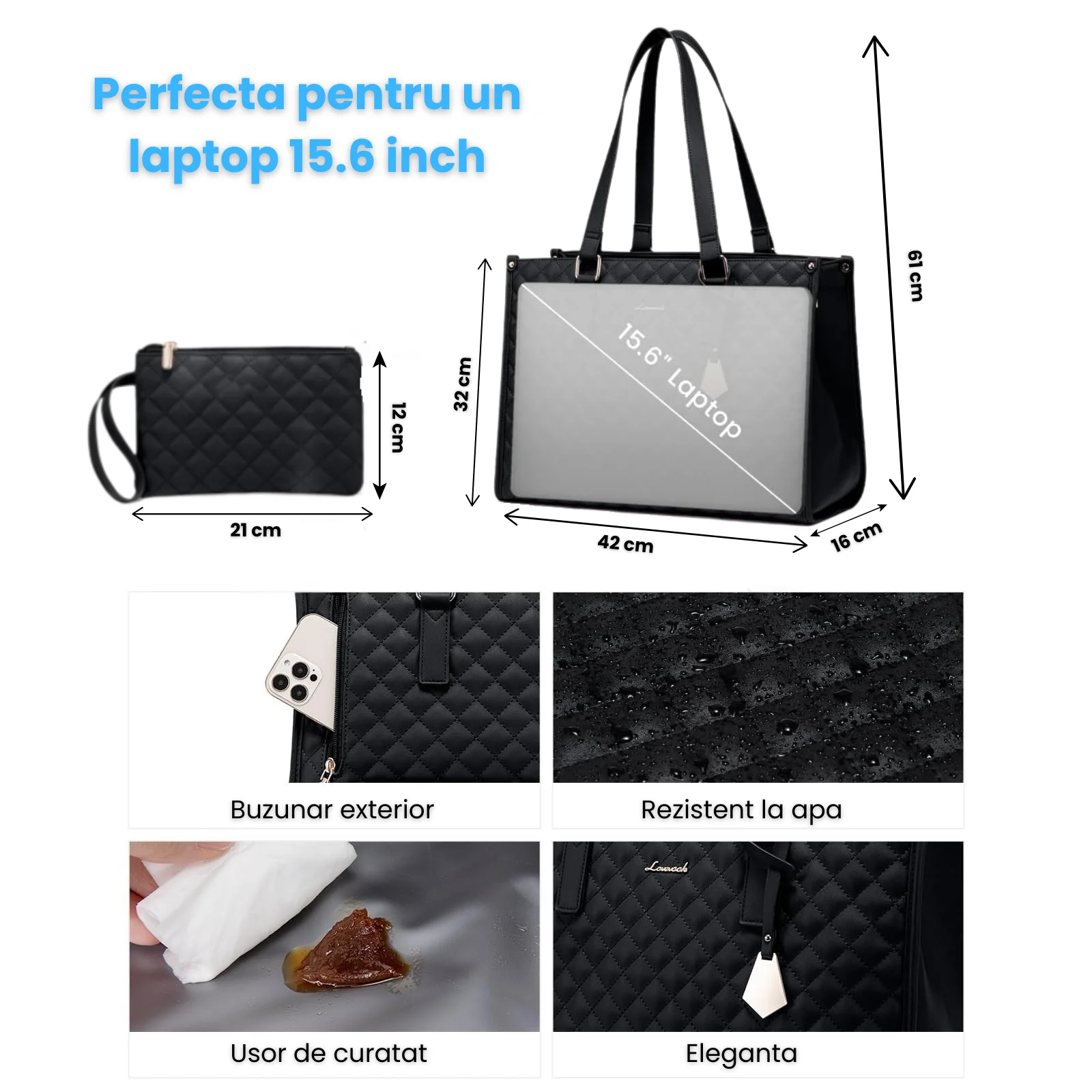 Geanta laptop HASEPE, 2 in 1 Laptop 15.6 inch cu compartiment termoizolant pentru pranz, impermeabila, mare, cu portofel inclus, pentru birou, scoala, calatorii, Negru [3]