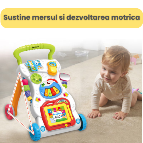 Antemergator copii 7 in 1 HASEPE, centru activitatI distractive, pian, telefon, oglinda, melodii, lumini, roti anti alunecare, viteza ajustabila, structura stabila, alb [5]