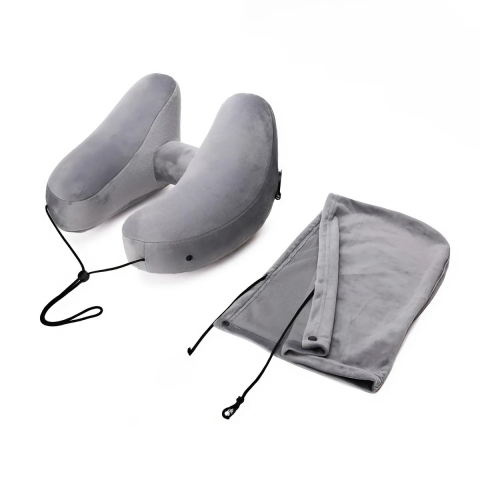 Accesorii articole de voiaj - Perna Gonflabila de Calatorie HASEPE, cu Gluga Detasabila, Design Ergonomic pentru Gat, Material Catifelat, Sac de Transport Inclus, Ideala pentru Avion, Masina, Birou, Gri