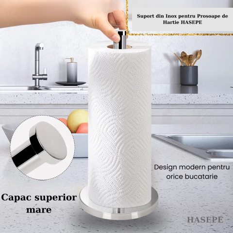 Suport pentru prosoape de hartie HASEPE, Organizator role, Cu baza STABILA, Capacitate buna de incarcare, Rezistent si durabil, Usor de instalat si utilizat, Pentru bucatarie, Baie, Birou, Inox, 33 X  [2]
