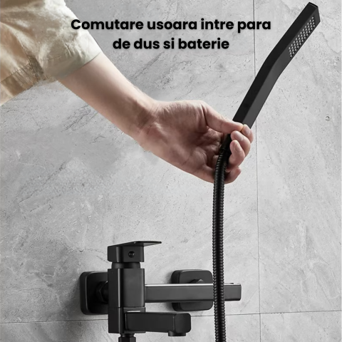 Baterie cada si dus cu montaj in perete HASEPE, cartus ceramic, set de dus si pipa cu comutator, rezistenta la coroziune si uzura, negru [1]