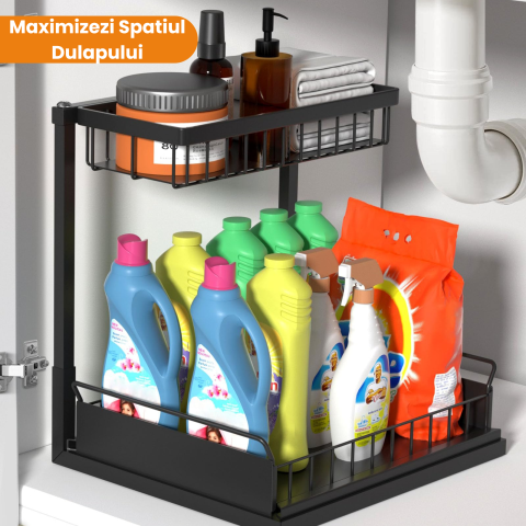 Organizator pentru dulap sub chiuveta HASEPE, 2 nivele, pentru bucatarie, baie, rafturi metalice, Negru [1]