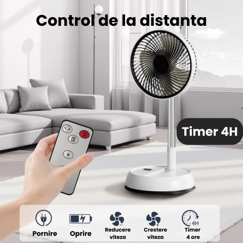 Ventilator portabil telescopic HASEPE, pliabil cu telecomanda, 3 viteze, reglabil pe inaltime 35-85 cm, rotire automata 90°, cap inclinabil 180°, USB, diametru 20 cm, alb [1]