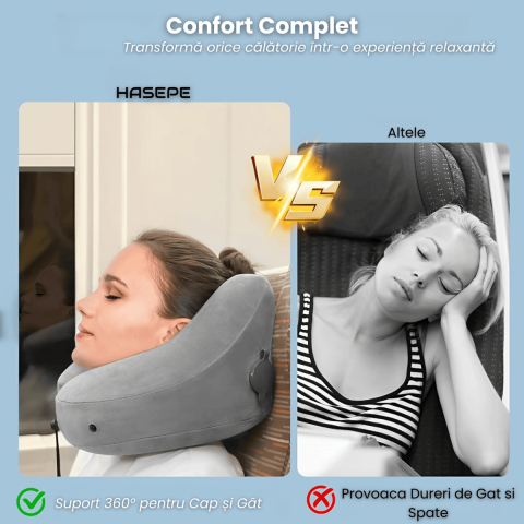Perna Gonflabila de Calatorie HASEPE, cu Gluga Detasabila, Design Ergonomic pentru Gat, Material Catifelat, Sac de Transport Inclus, Ideala pentru Avion, Masina, Birou, Gri [2]